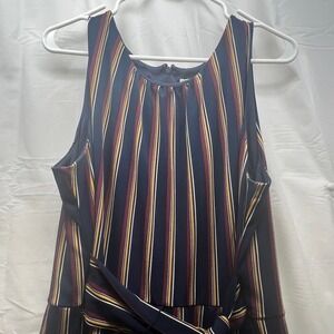Womens XL Sleeveless Wide Leg Jumpsuit‎ Navy Blue Striped Waist Tie Mod Preppy